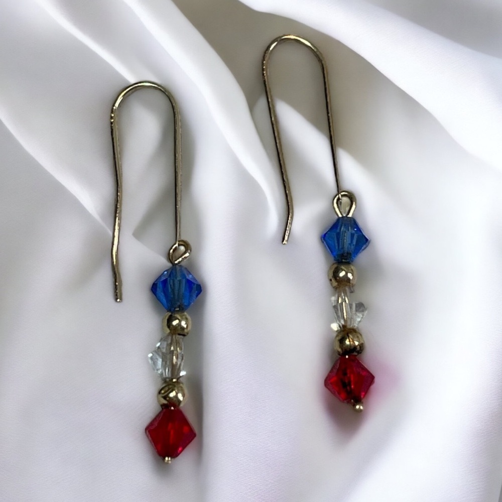 Vintage 14KT Gold Swarovski Crystals Patriotic Dangle Drop Earrings